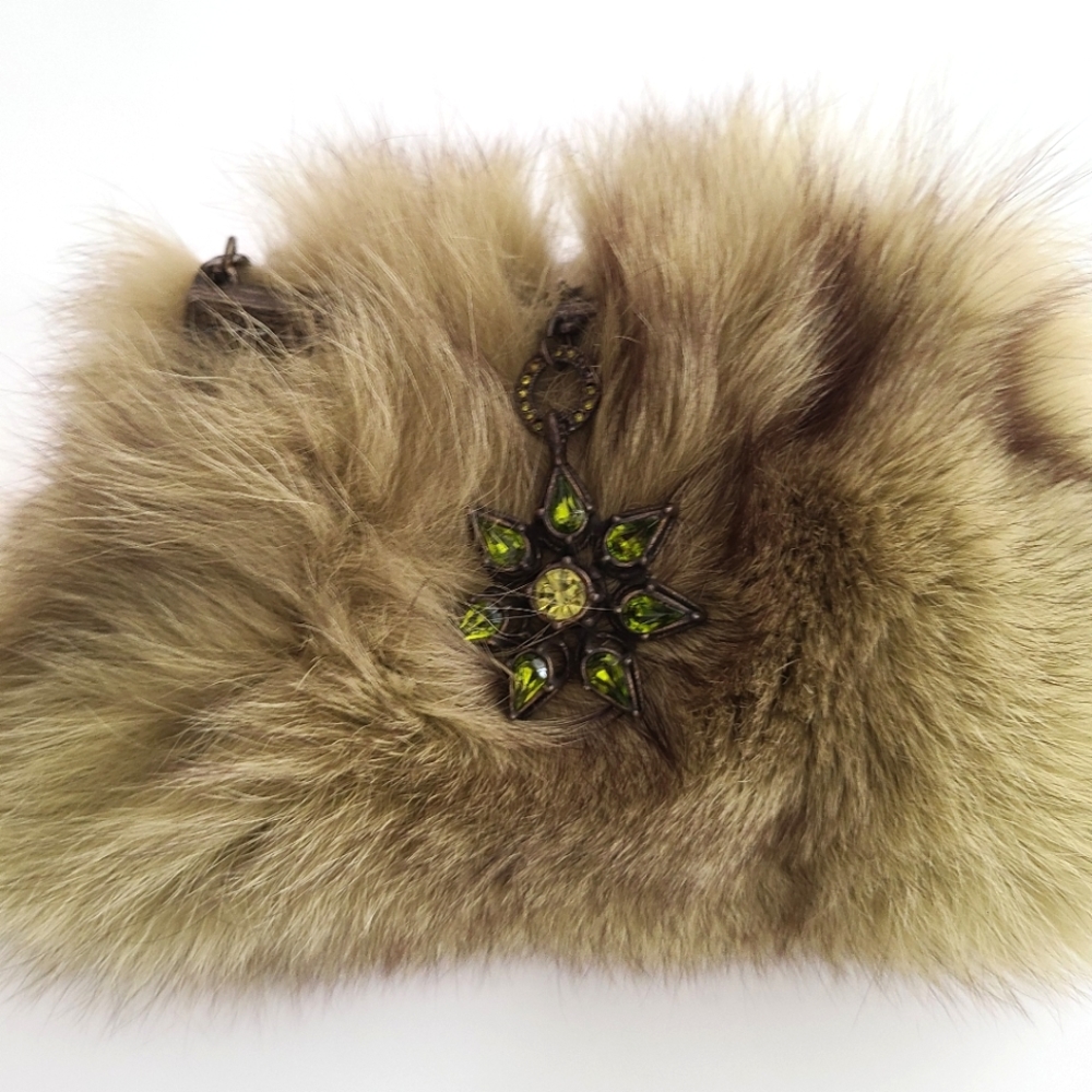 Clara Kasavina Swarovski & Peridot Crystal Moss Fox Fur Clutch